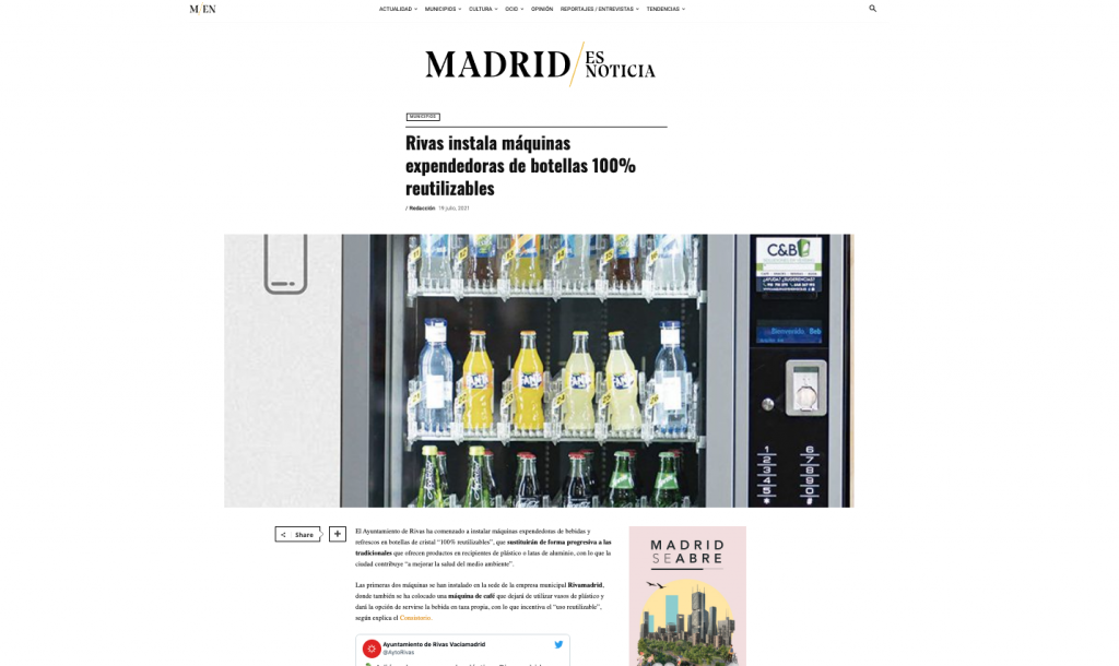 Rivas instala máquinas expendedoras de botellas 100% reutilizables