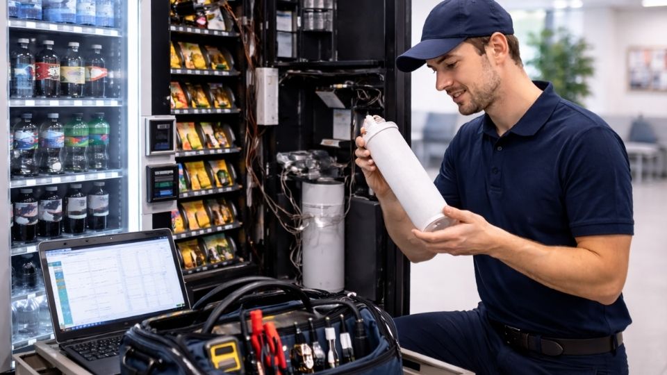 Técnico revisando máquina expendedora de snacks